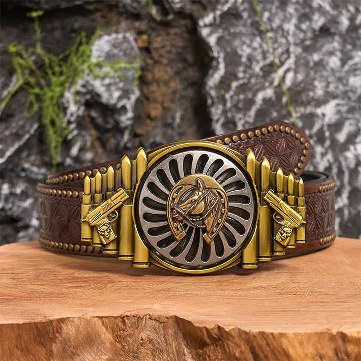 Rotating Bronze Horseshoe DIY Gun & Bullet Pattern Buckle Leather Belt - Horseshoe - Brown Rivet Belt - 42 - image 4