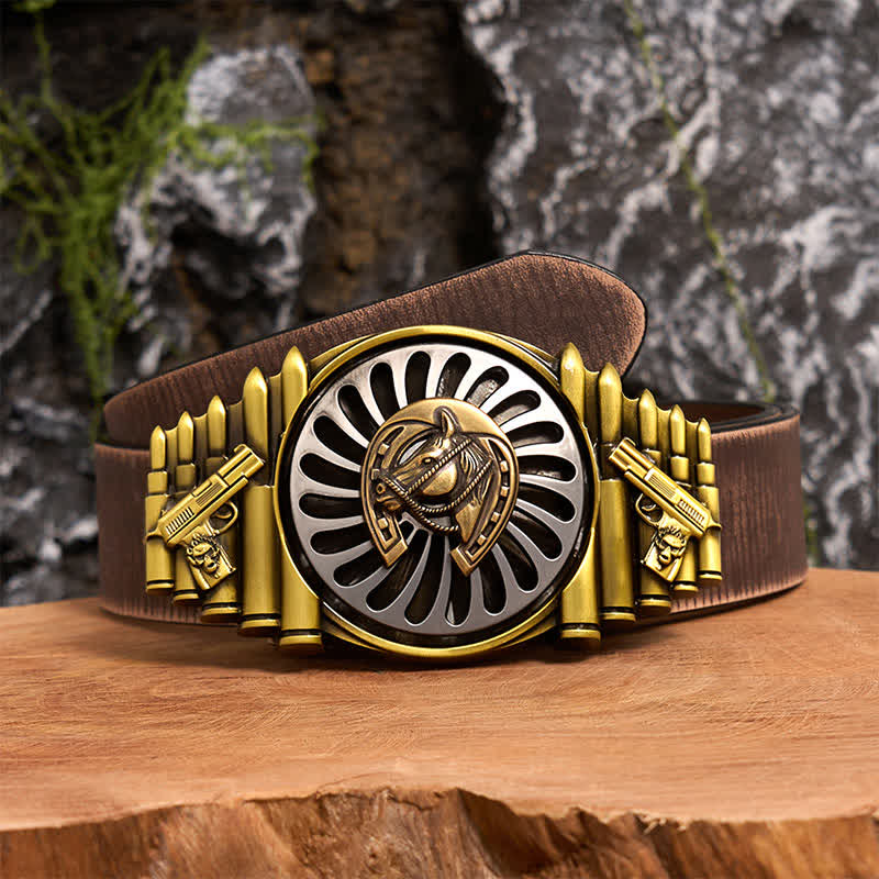 Rotating Bronze Horseshoe DIY Gun & Bullet Pattern Buckle Leather Belt - Horseshoe - Brown Distressed Belt - 42 - image 6