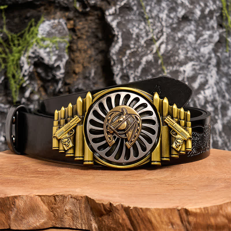 Rotating Bronze Horseshoe DIY Gun & Bullet Pattern Buckle Leather Belt - Horseshoe - Black Embossed Eagle Belt - 42 - image 3