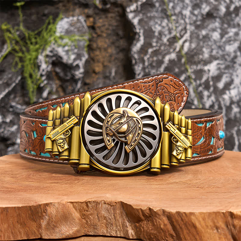 Rotating Bronze Horseshoe DIY Gun & Bullet Pattern Buckle Leather Belt - Horseshoe - Turquoise Carved Belt - 42 - image 3