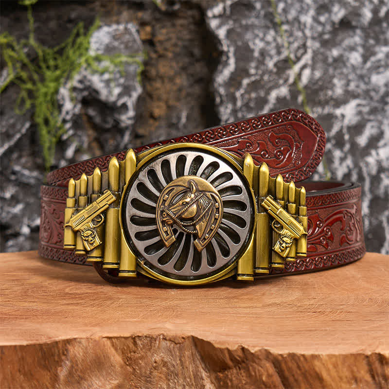 Rotating Bronze Horseshoe DIY Gun & Bullet Pattern Buckle Leather Belt - Horseshoe - Brown Carved Belt - 42 - image 7