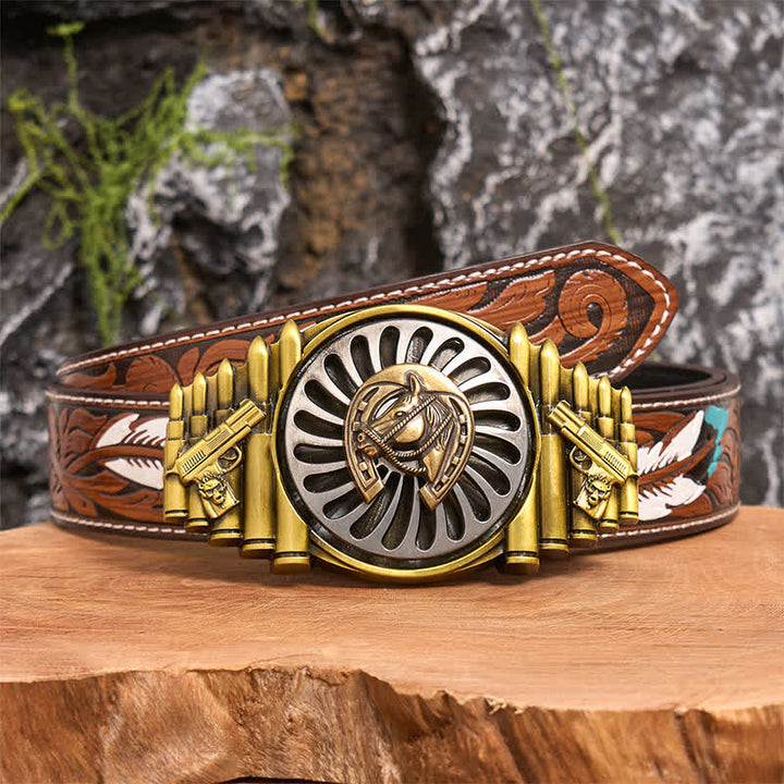 Rotating Bronze Horseshoe DIY Gun & Bullet Pattern Buckle Leather Belt - Horseshoe - Brown Feather Belt - 40 - image 8