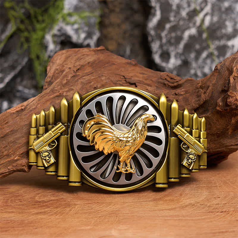 Bronze Rooster DIY Gun & Bullet Pattern Rotating Buckle Leather Belt - Rooster - Without Belt - Not Included Belt - image 0
