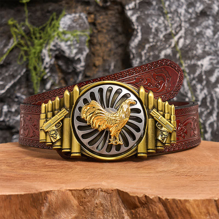 Bronze Rooster DIY Gun & Bullet Pattern Rotating Buckle Leather Belt - Rooster - Brown Carved Belt - 42 - image 6