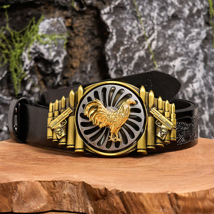 Bronze Rooster DIY Gun & Bullet Pattern Rotating Buckle Leather Belt - Rooster - Black Embossed Eagle Belt - 42 - image 2