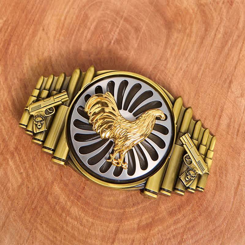 Bronze Rooster DIY Gun & Bullet Pattern Rotating Buckle Leather Belt - image 2