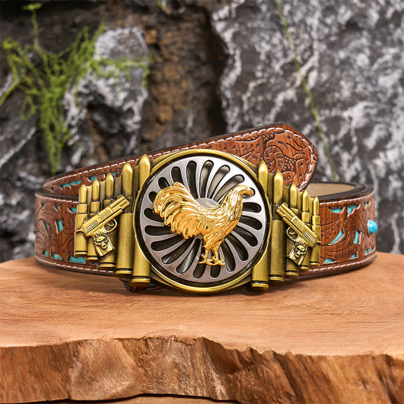 Bronze Rooster DIY Gun & Bullet Pattern Rotating Buckle Leather Belt - Rooster - Turquoise Carved Belt - 42 - image 4