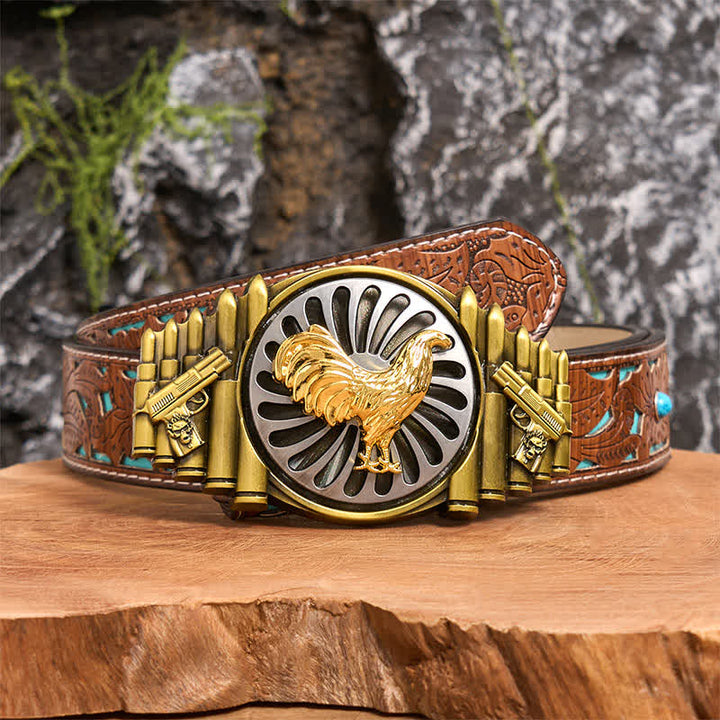 Bronze Rooster DIY Gun & Bullet Pattern Rotating Buckle Leather Belt - Rooster - Turquoise Carved Belt - 42 - image 3