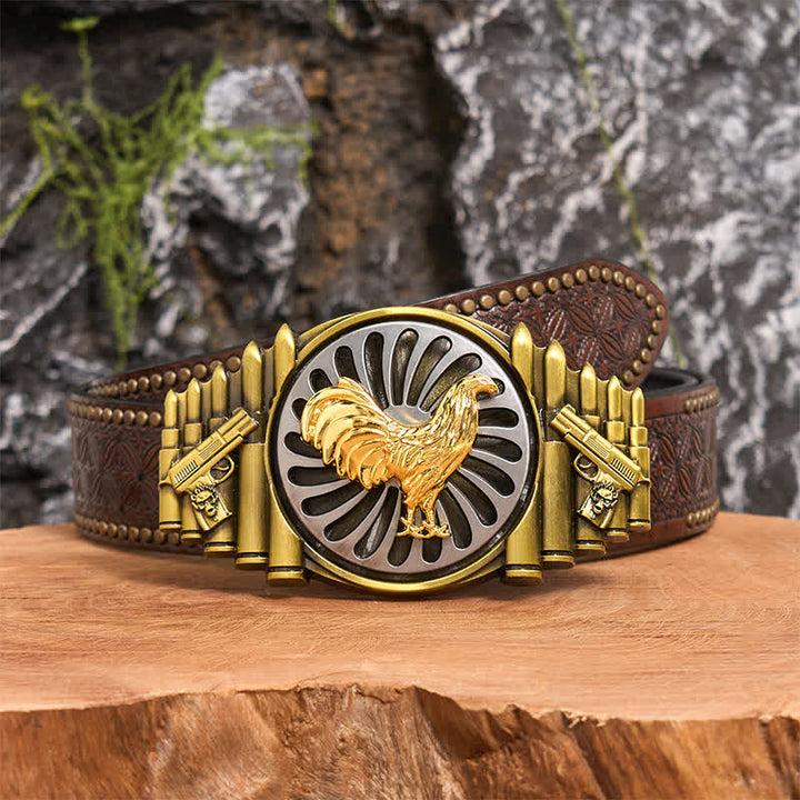 Bronze Rooster DIY Gun & Bullet Pattern Rotating Buckle Leather Belt - Rooster - Brown Rivet Belt - 42 - image 5