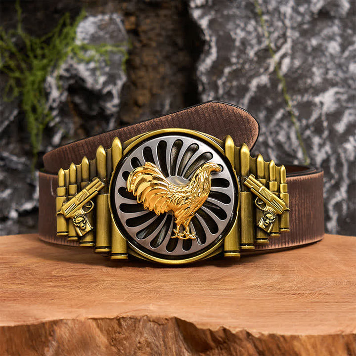 Bronze Rooster DIY Gun & Bullet Pattern Rotating Buckle Leather Belt - Rooster - Brown Distressed Belt - 42 - image 5