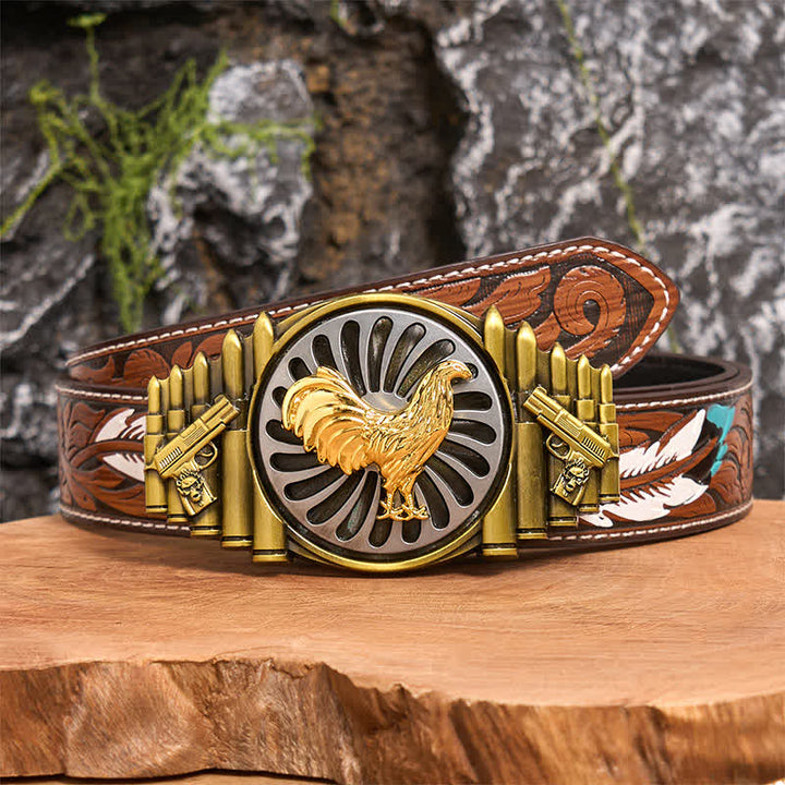 Bronze Rooster DIY Gun & Bullet Pattern Rotating Buckle Leather Belt - Rooster - Brown Feather Belt - 40 - image 8