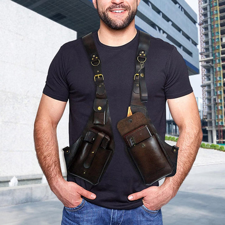 Retro Men's Leather Strap Phone Bag Underarm Button Shoulder Bag - image 1