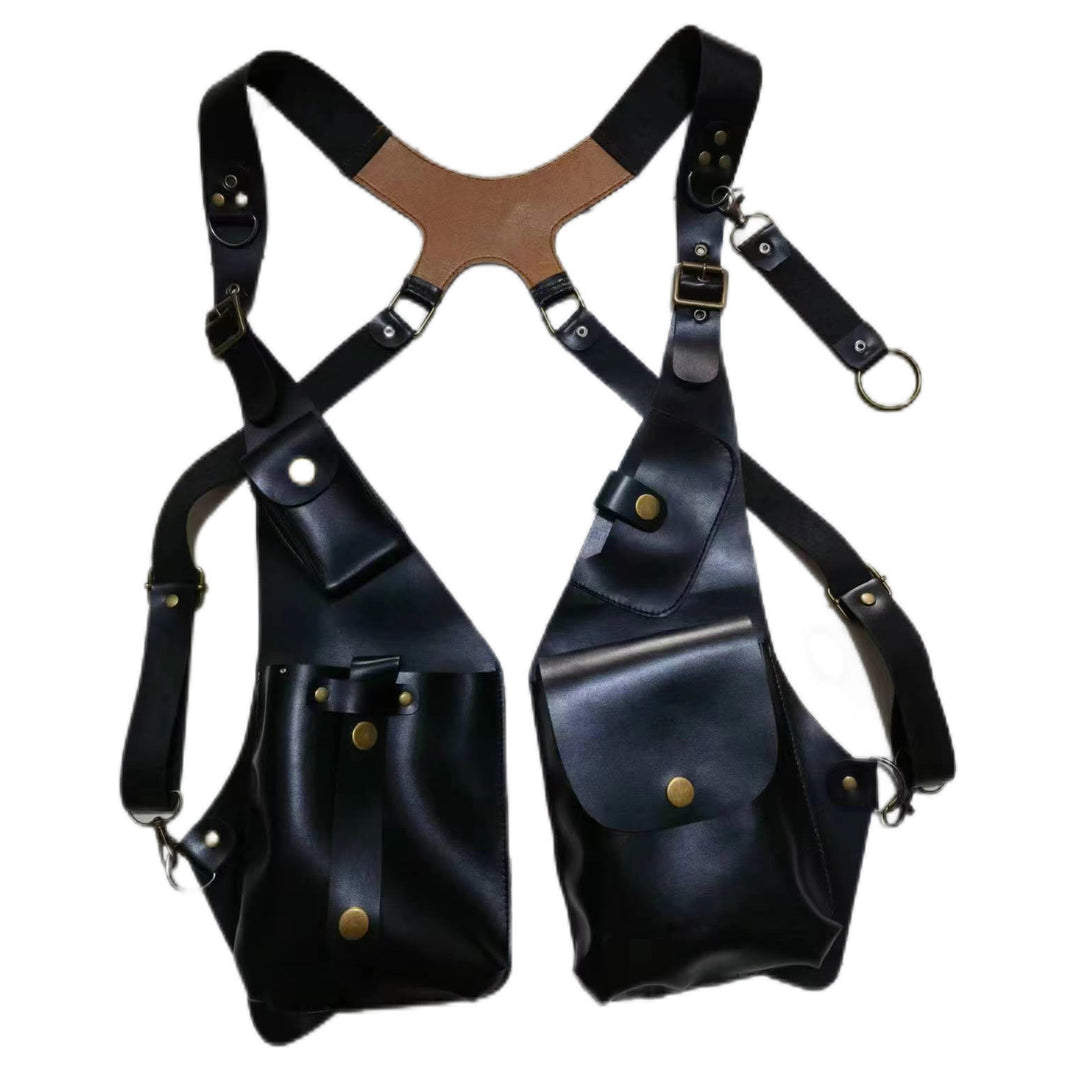 Retro Men's Leather Strap Phone Bag Underarm Button Shoulder Bag - Black - image 3