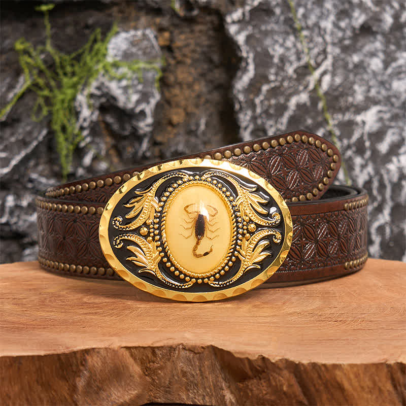 Gold DIY Decorative Scorpion Buckle Leather Belt - Scorpion - Brown Rivet Belt - 42 - image 5