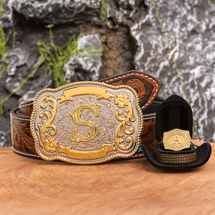 Engraved Initial Letter DIY Belt Buckle Gold Necklace Bundle Set - Bundle - Brown Feather Belt - 40 - image 7