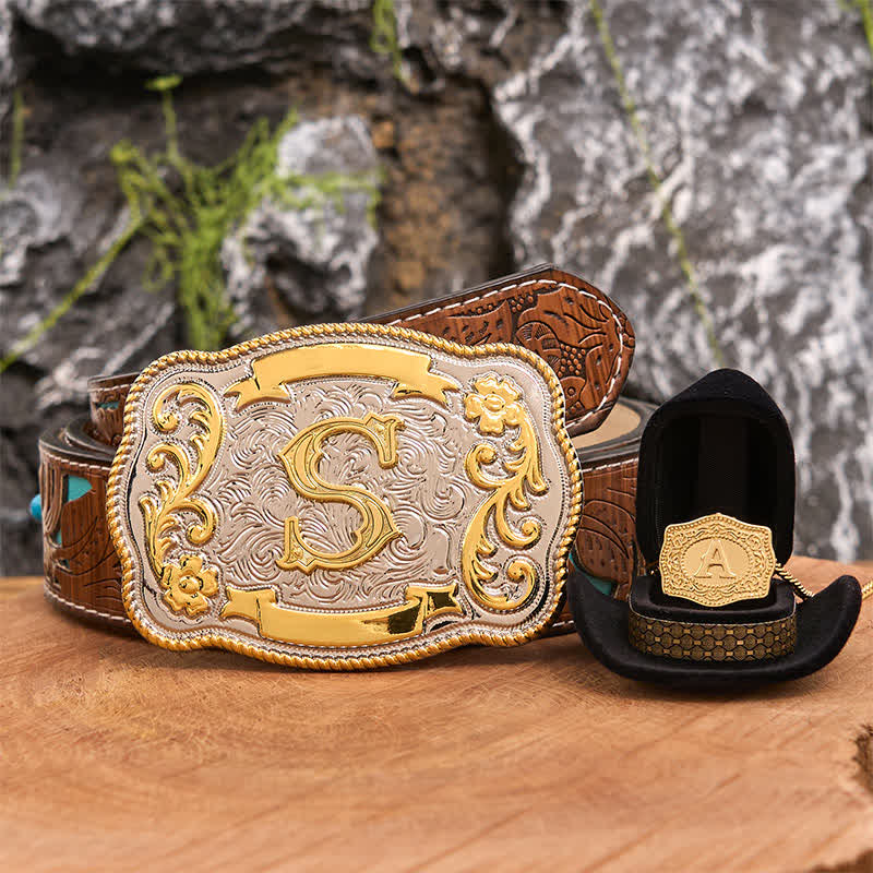 Engraved Initial Letter DIY Belt Buckle Gold Necklace Bundle Set - Bundle - Turquoise Carved Belt - 42 - image 1