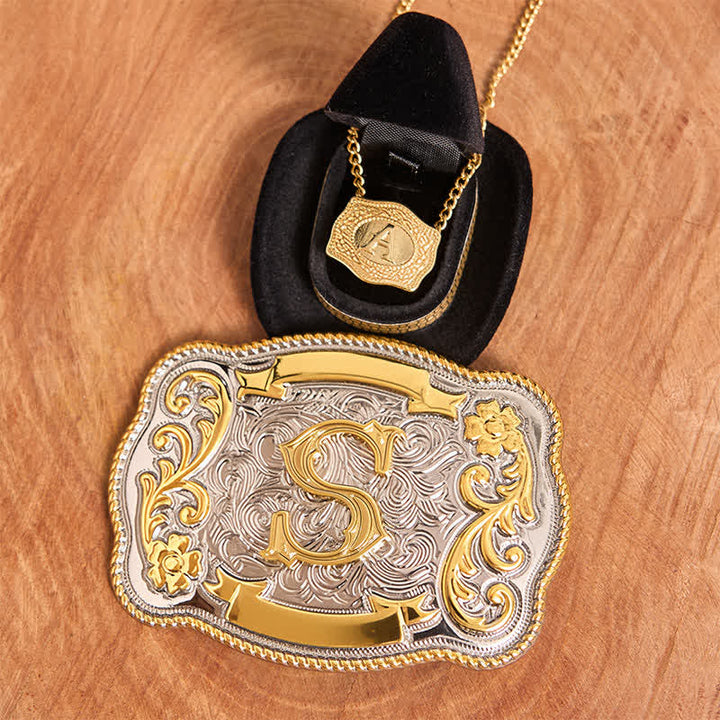 Engraved Initial Letter DIY Belt Buckle Gold Necklace Bundle Set - Bundle - Without Belt - Not Include Belt - image 1
