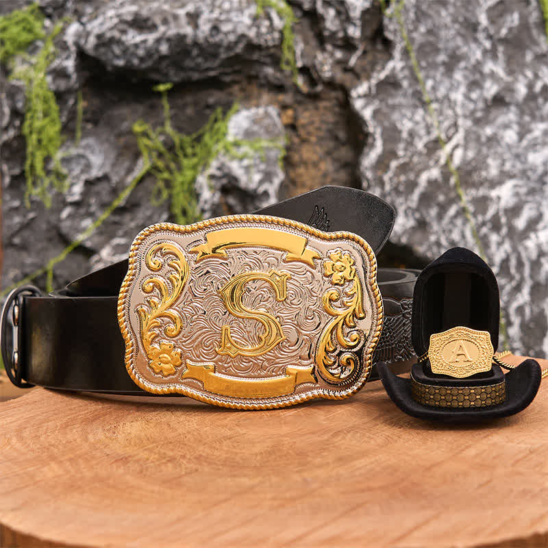 Engraved Initial Letter DIY Belt Buckle Gold Necklace Bundle Set - Bundle - Black Embossed Eagle Belt - 42 - image 2