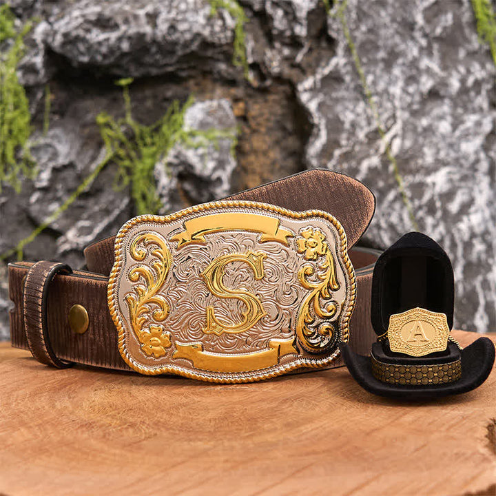 Engraved Initial Letter DIY Belt Buckle Gold Necklace Bundle Set - Bundle - Brown Distressed Belt - 42 - image 5