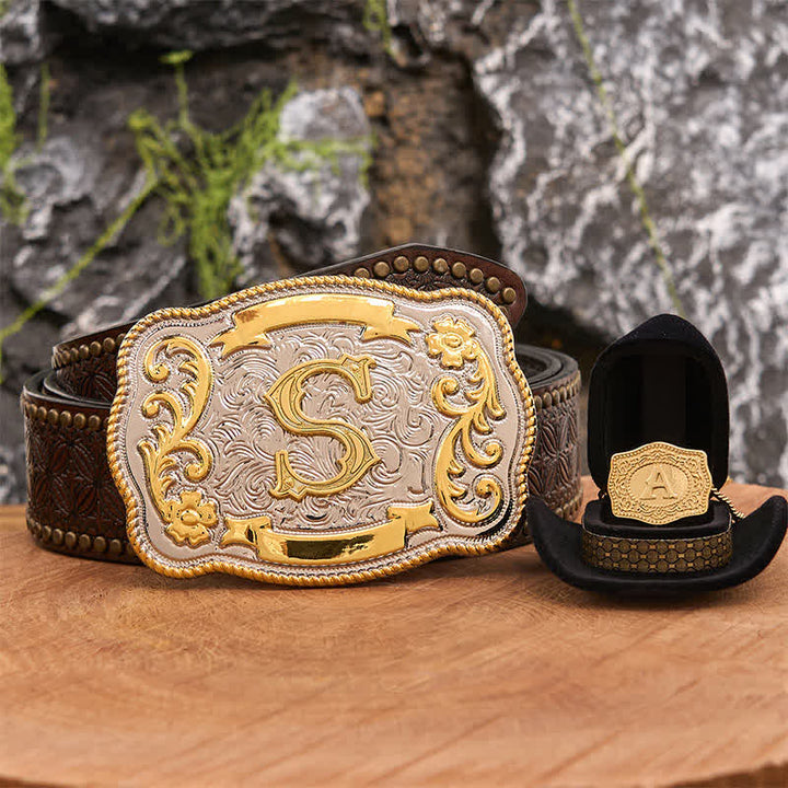 Engraved Initial Letter DIY Belt Buckle Gold Necklace Bundle Set - Bundle - Brown Rivet Belt - 42 - image 3