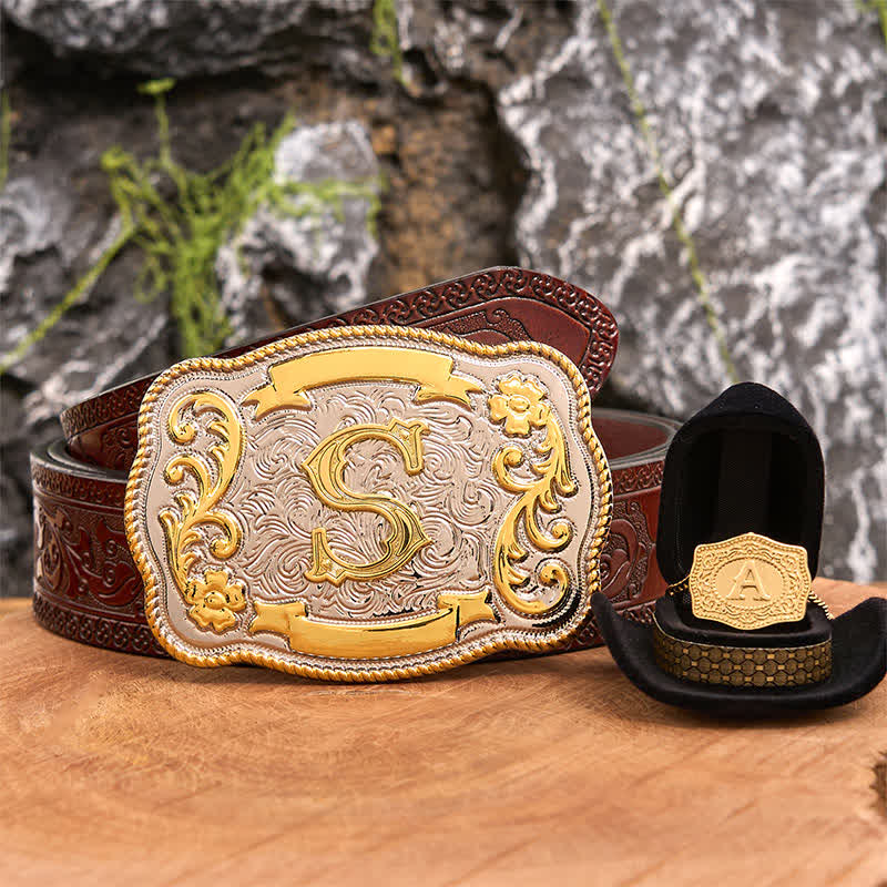 Engraved Initial Letter DIY Belt Buckle Gold Necklace Bundle Set - Bundle - Brown Carved Belt - 42 - image 6