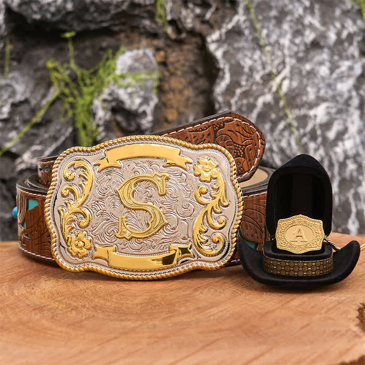 Engraved Initial Letter DIY Belt Buckle Gold Necklace Bundle Set - Bundle - Turquoise Carved Belt - 42 - image 0
