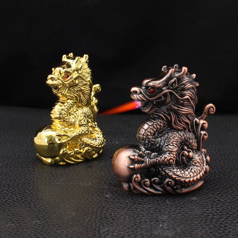 Embossed Dragon Playing Pearl Windproof Butane Lighter - image 1