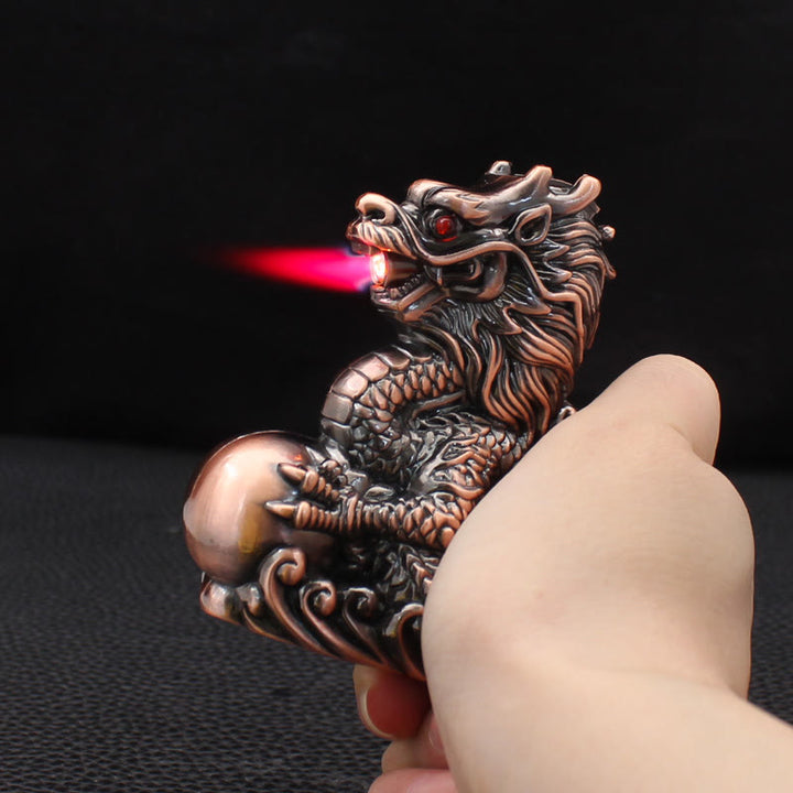 Embossed Dragon Playing Pearl Windproof Butane Lighter - image 1