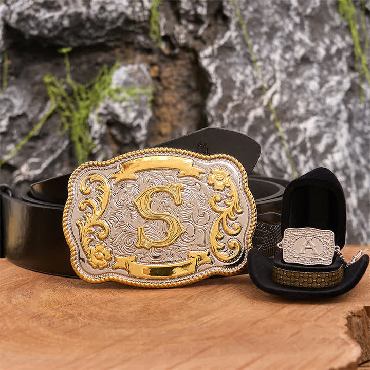 Initial Letter DIY Western Belt Buckle Silver Necklace Bundle Set - Bundle - Black Embossed Eagle Belt - 42 - image 3