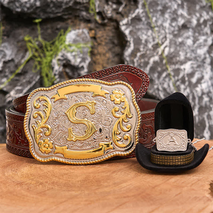 Initial Letter DIY Western Belt Buckle Silver Necklace Bundle Set - Bundle - Brown Carved Belt - 42 - image 7