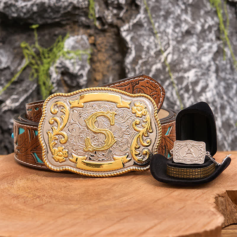 Initial Letter DIY Western Belt Buckle Silver Necklace Bundle Set - Bundle - Turquoise Carved Belt - 42 - image 0