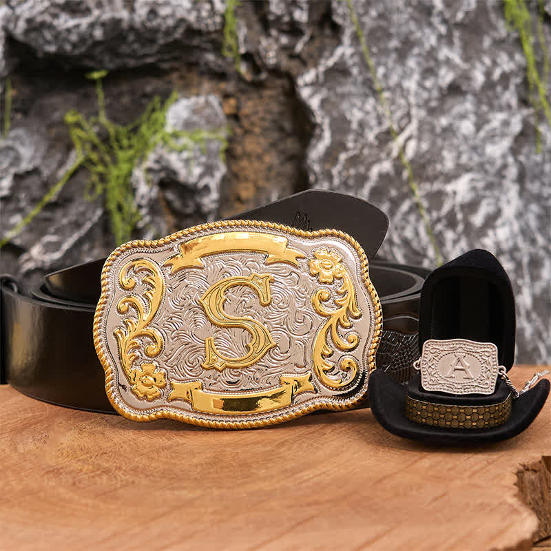 Initial Letter DIY Western Belt Buckle Silver Necklace Bundle Set - Bundle - Black Embossed Eagle Belt - 42 - image 3