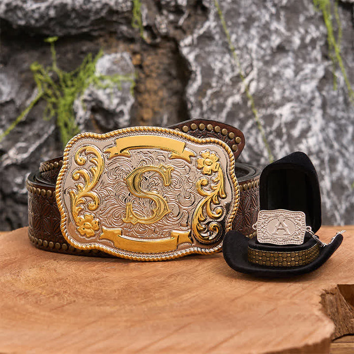 Initial Letter DIY Western Belt Buckle Silver Necklace Bundle Set - Bundle - Brown Rivet Belt - 42 - image 4