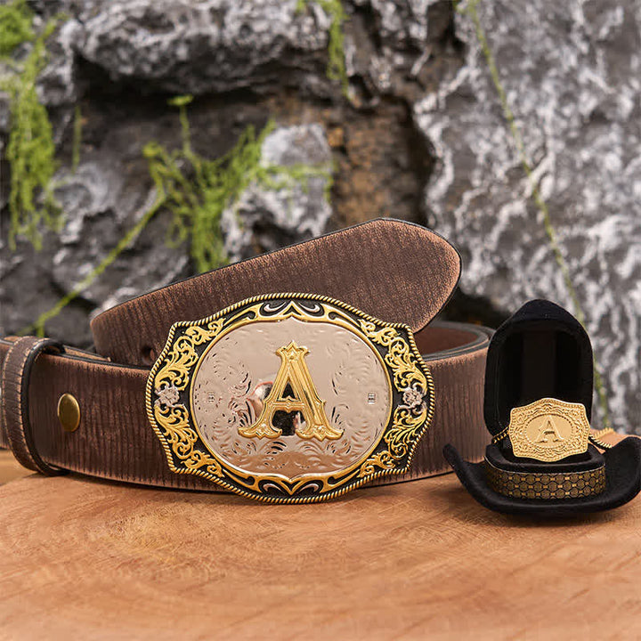 Golden Black Initial Letter DIY Belt Buckle Gold Necklace Bundle Set - Bundle - Brown Distressed Belt - 42 - image 5