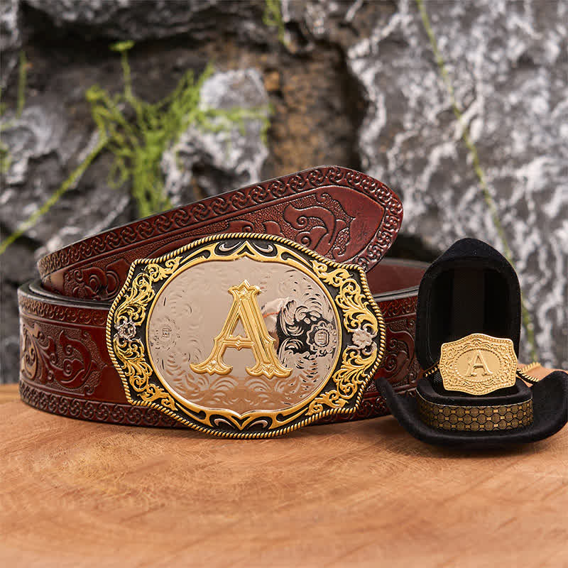 Golden Black Initial Letter DIY Belt Buckle Gold Necklace Bundle Set - Bundle - Brown Carved Belt - 42 - image 7