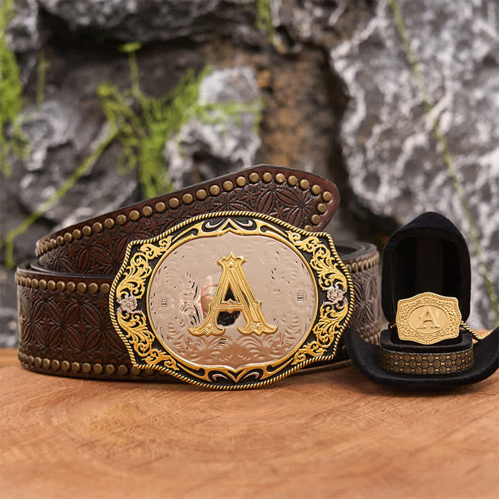 Golden Black Initial Letter DIY Belt Buckle Gold Necklace Bundle Set - Bundle - Brown Rivet Belt - 42 - image 4