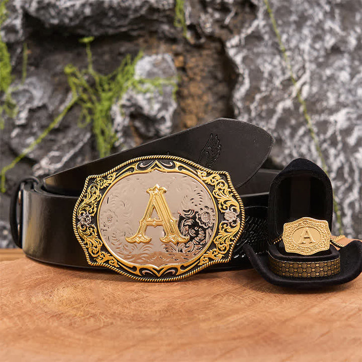 Golden Black Initial Letter DIY Belt Buckle Gold Necklace Bundle Set - Bundle - Black Embossed Eagle Belt - 42 - image 3