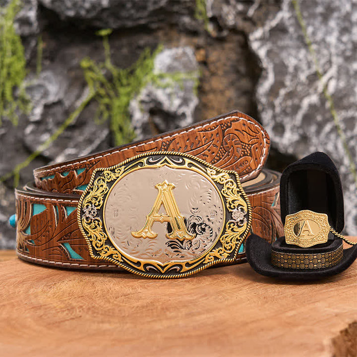 Golden Black Initial Letter DIY Belt Buckle Gold Necklace Bundle Set - Bundle - Turquoise Carved Belt - 42 - image 1