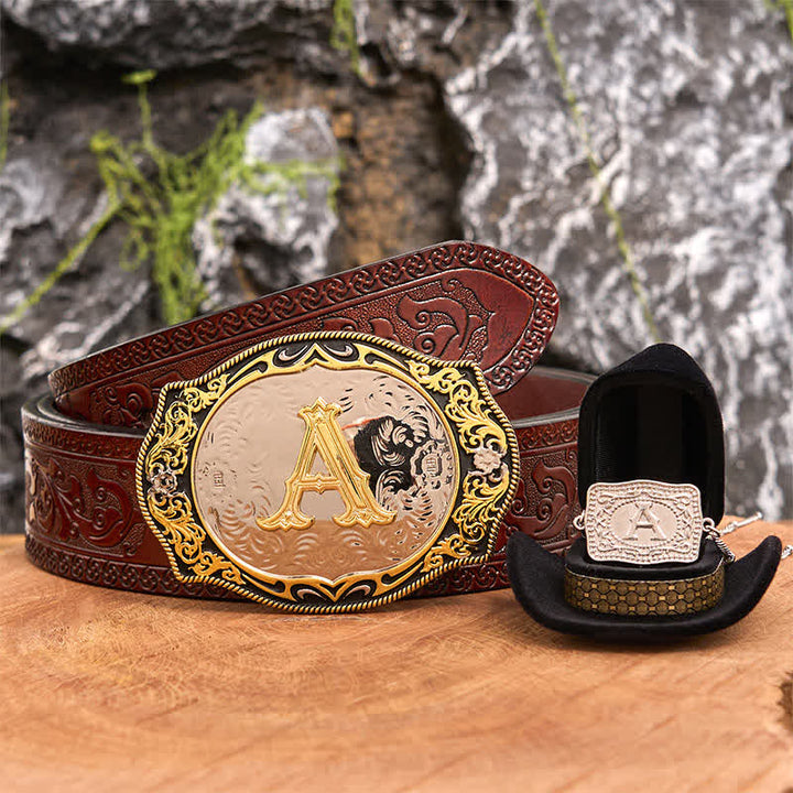 Golden Black Initial Letter DIY Belt Buckle Silver Necklace Bundle Set - Bundle - Brown Carved Belt - 42 - image 7