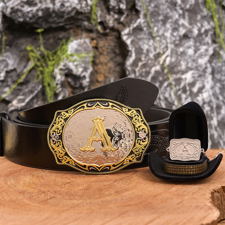 Golden Black Initial Letter DIY Belt Buckle Silver Necklace Bundle Set - Bundle - Black Embossed Eagle Belt - 42 - image 4