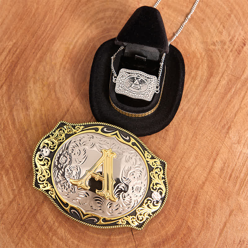 Golden Black Initial Letter DIY Belt Buckle Silver Necklace Bundle Set - Bundle - Without Belt - Not Include Belt - image 1