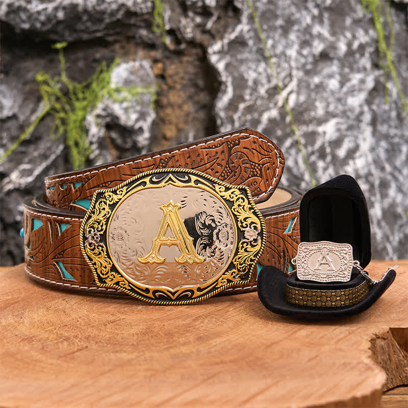 Golden Black Initial Letter DIY Belt Buckle Silver Necklace Bundle Set - Bundle - Turquoise Carved Belt - 42 - image 1