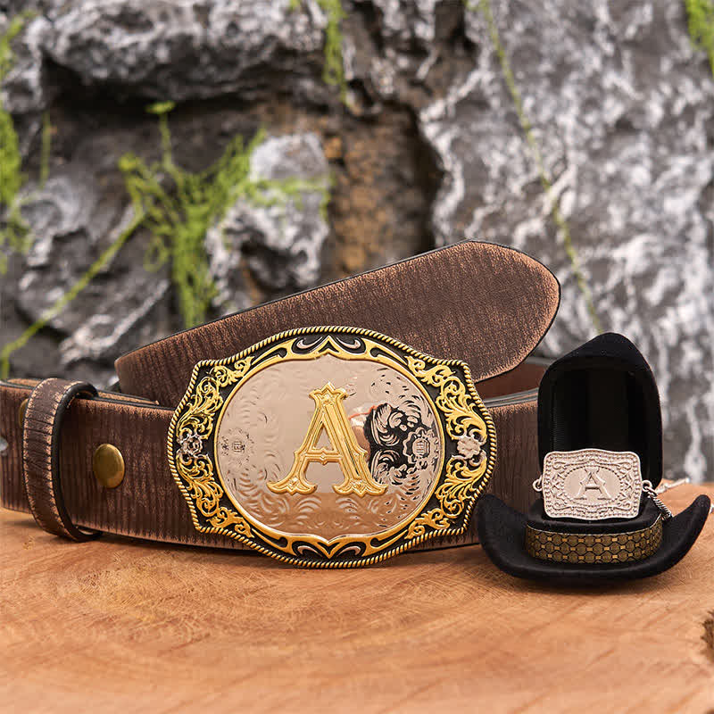 Golden Black Initial Letter DIY Belt Buckle Silver Necklace Bundle Set - Bundle - Brown Distressed Belt - 42 - image 6