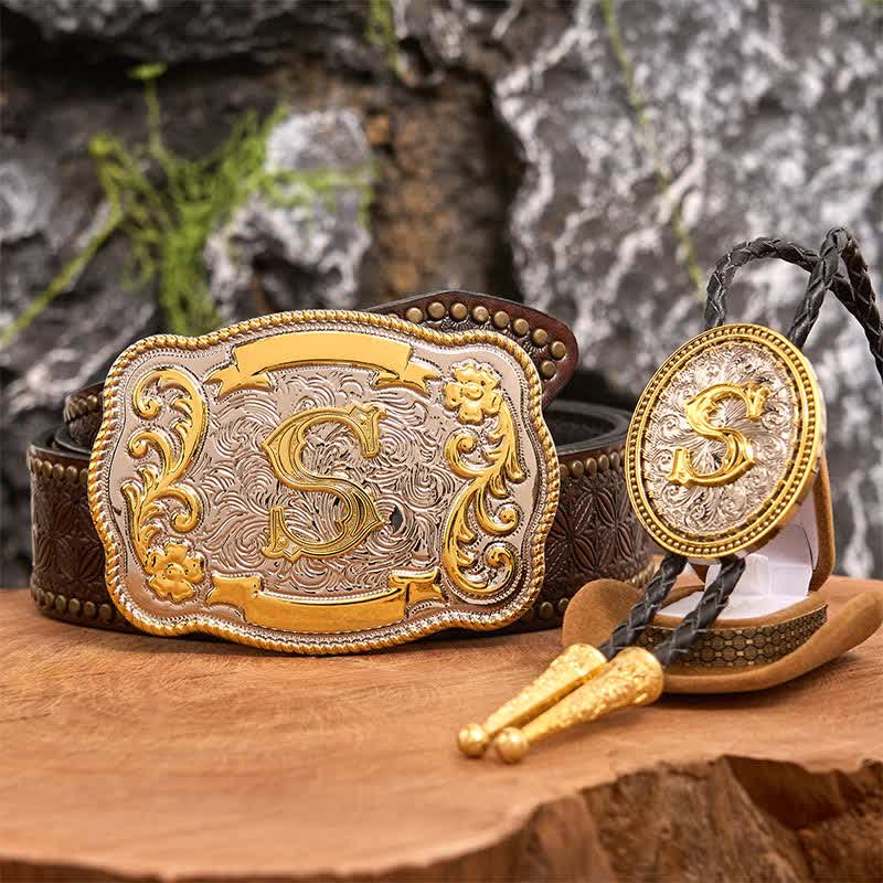 Initial Letter DIY Large Belt Buckle Gold Bolo Tie Bundle Set - Bundle - Brown Rivet Belt - 42 - image 5