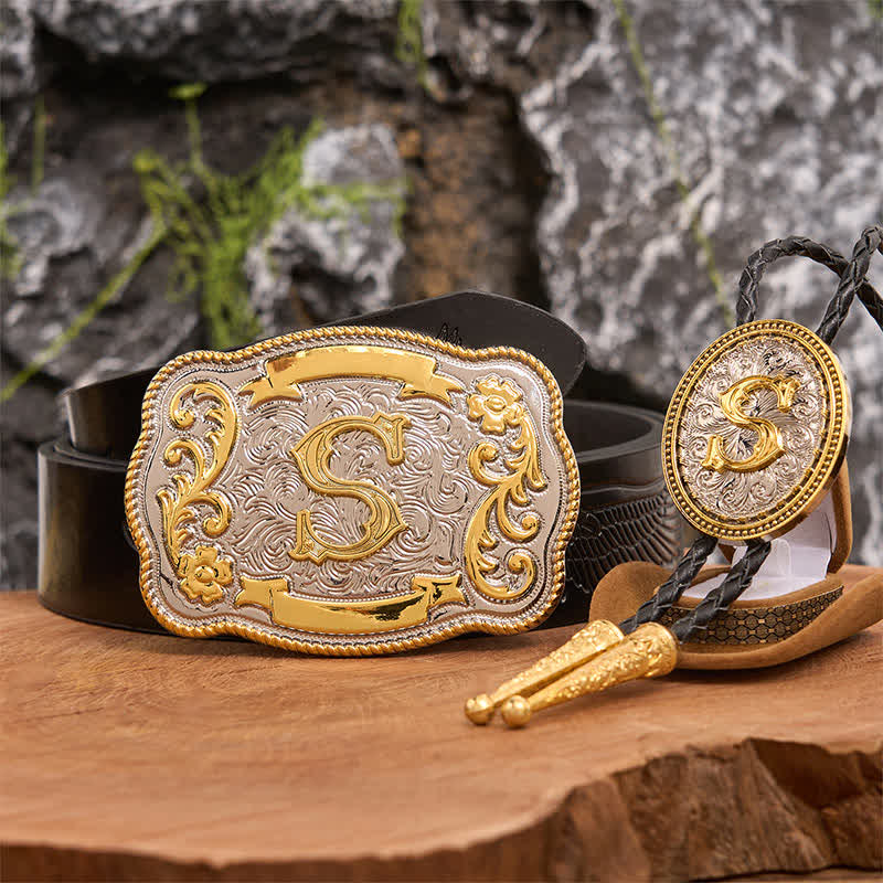 Initial Letter DIY Large Belt Buckle Gold Bolo Tie Bundle Set - Bundle - Black Embossed Eagle Belt - 42 - image 3