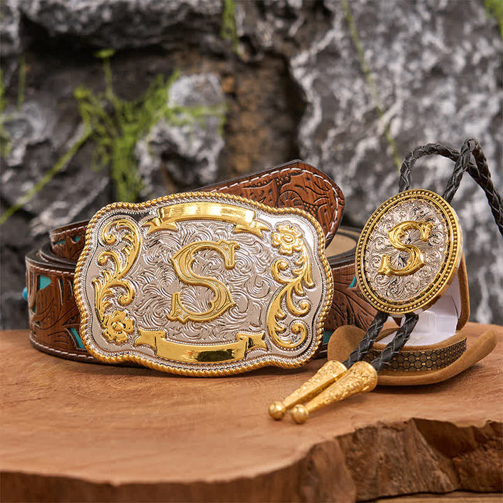 Initial Letter DIY Large Belt Buckle Gold Bolo Tie Bundle Set - Bundle - Turquoise Carved Belt - 42 - image 1