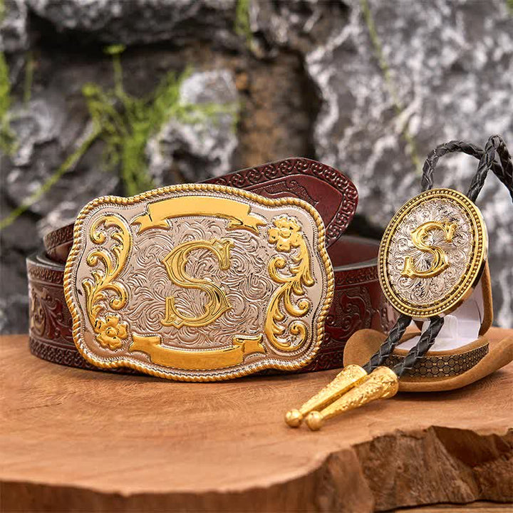 Initial Letter DIY Large Belt Buckle Gold Bolo Tie Bundle Set - Bundle - Brown Carved Belt - 42 - image 7