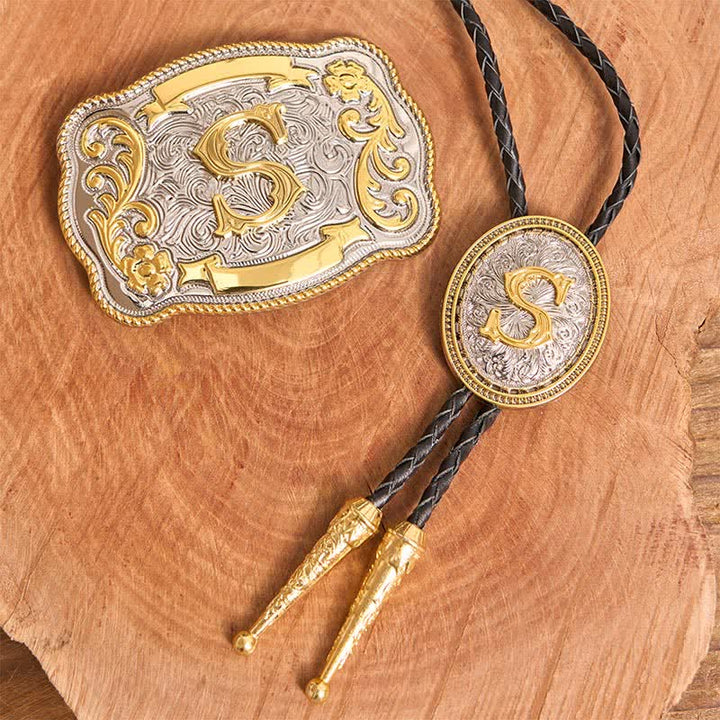 Initial Letter DIY Large Belt Buckle Gold Bolo Tie Bundle Set - Bundle - Without Belt - Not Include Belt - image 1