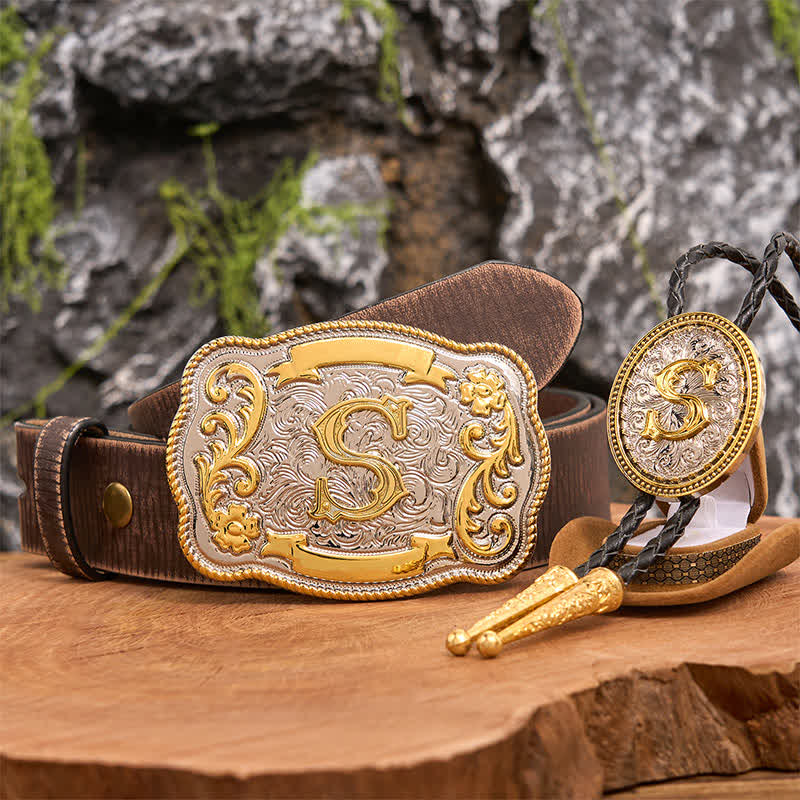 Initial Letter DIY Large Belt Buckle Gold Bolo Tie Bundle Set - Bundle - Brown Distressed Belt - 42 - image 5