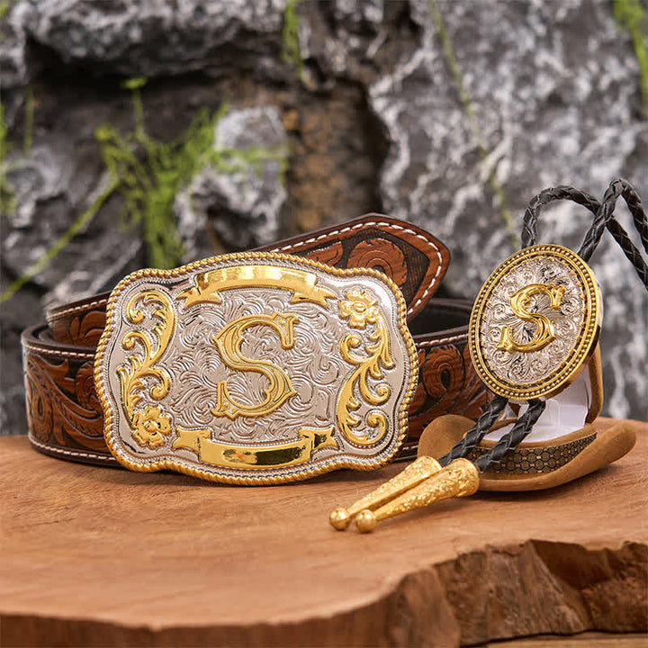 Initial Letter DIY Large Belt Buckle Gold Bolo Tie Bundle Set - Bundle - Brown Feather Belt - 40 - image 7
